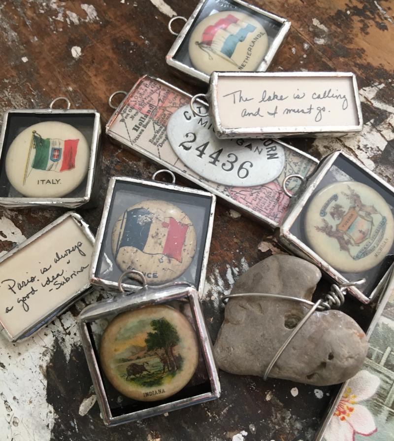 Pendants made from vintage treasures encased in glass 